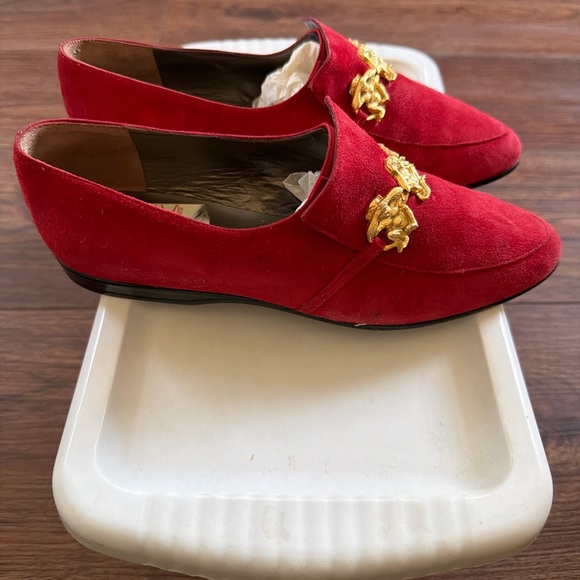 Prevata Made in Italy Red Suede Loafers Women’s 6.5 Gold Monkey Detail Slip-Ons - Picture 2 of 4